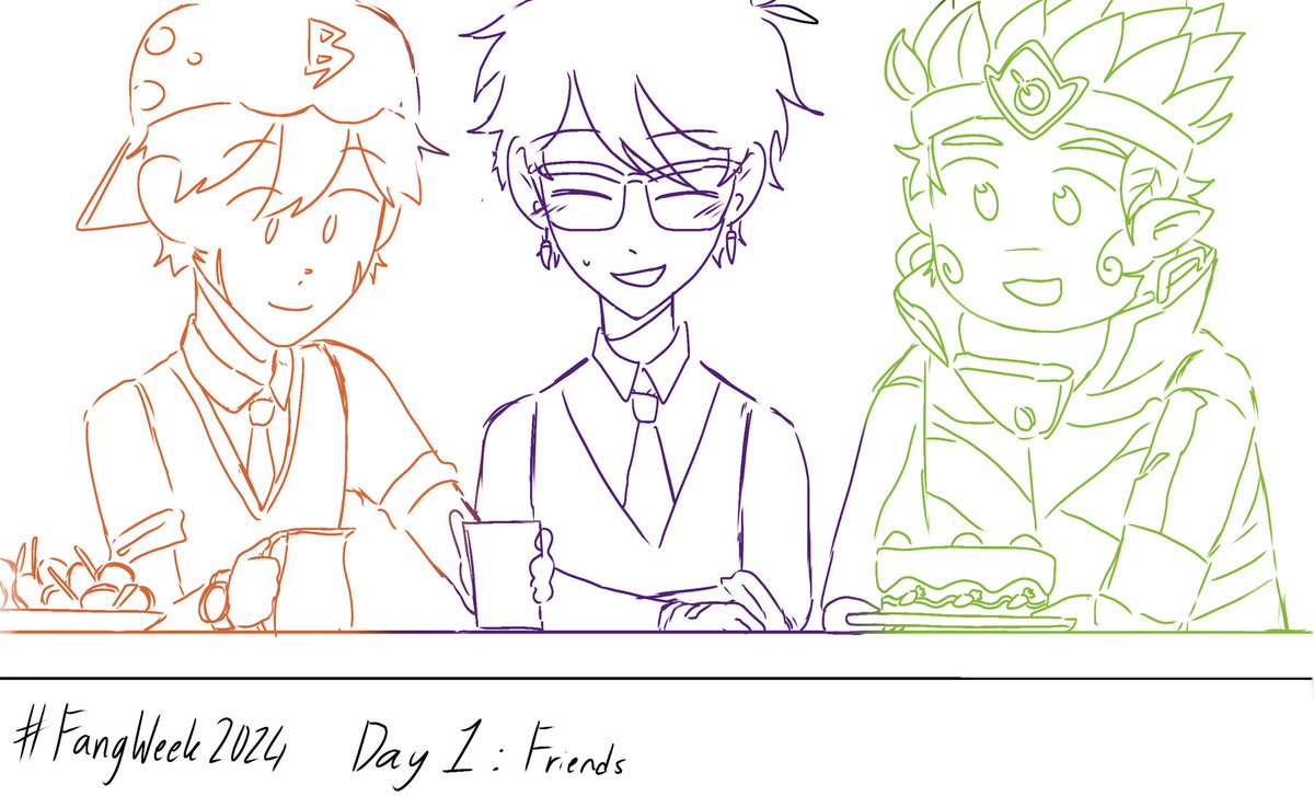 this is SO lazy im so sorry, this is technically a panel redraw but !!! whatever !!!!
#FangWeek2024 
Day 1 : Friends !!! 
(I COULDNT FIT IN GOPAL, YING AND YAYA I AM SO SORRY. .)