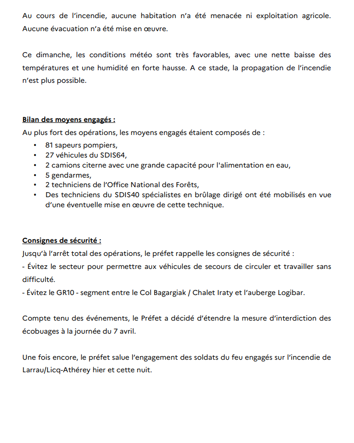 Prefet64's tweet photo. Communiqué de presse 🖋️
#incendie Larrau/Licq-Athérey : ce dimanche matin, le feu est totalement maîtrisé ✅
@Prefet64 salue l'engagement des femmes et des hommes mobilisés sur cet incendie 👏👏 https://t.co/YepOMJYAKF
