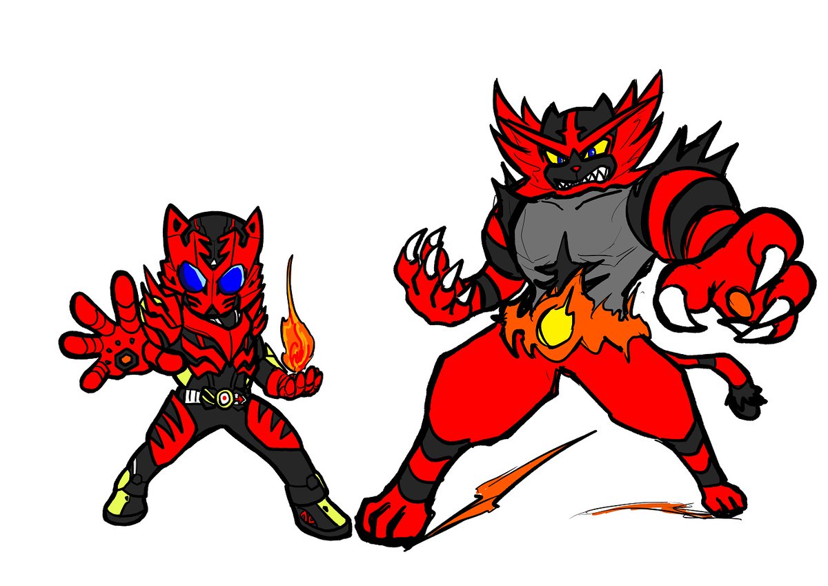 #対になってる絵をあげる 仮面ライダーゼロワンのフレイミングタイガーと ポケモンのガオガエン なんか似てない？と思って描いた過去絵