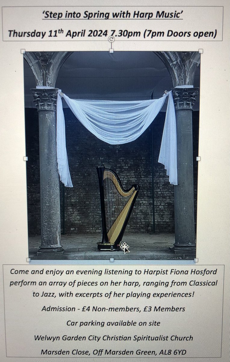 For those in Herts-I’m giving an evening harp recital in WGCity Spiritualist Church this Thursday… 7:30pm (approx end 9pm) Tickets are under £5-so come and enjoy a huge range of music 😃😃😃