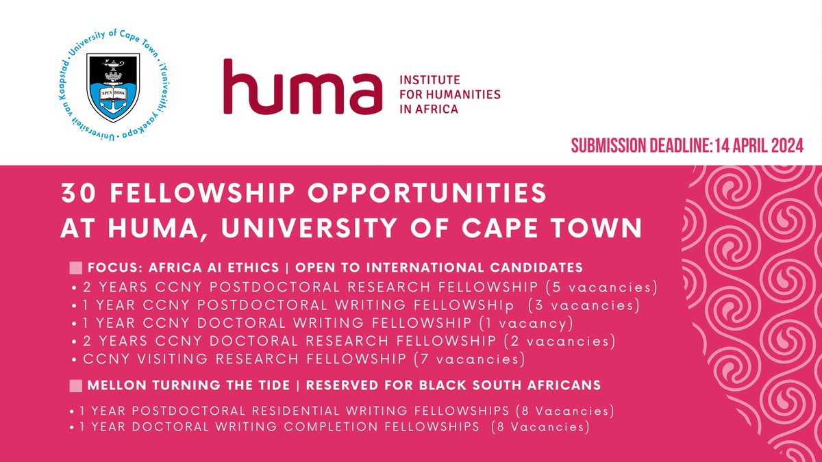 HUMA - Institute for Humanities in Africa (@huma_africa) on Twitter photo We are excited to announce 30 available research fellowships at <a href="/huma_africa/">HUMA - Institute for Humanities in Africa</a> for doctoral, postdoctoral & visiting fellowships supported by <a href="/CarnegieCorp/">Carnegie Corporation of New York</a> & <a href="/MellonFdn/">Mellon Foundation</a> |
⏰ Applications close on April 14th 2024
Thread⬇️ We are excited to announce 30 available research fellowships at <a href="/huma_africa/">HUMA - Institute for Humanities in Africa</a> for doctoral, postdoctoral & visiting fellowships supported by <a href="/CarnegieCorp/">Carnegie Corporation of New York</a> & <a href="/MellonFdn/">Mellon Foundation</a> |
⏰ Applications close on April 14th 2024
Thread⬇️