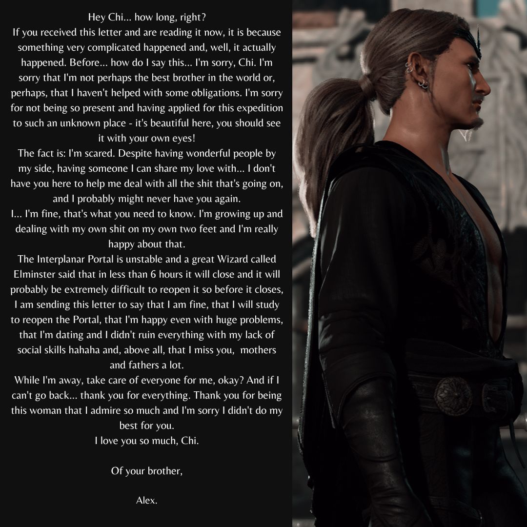 #BG3WIPs - 𝓟𝓲𝓰𝓮𝓸𝓷

The Portal to his Kingdom is unstable and will likely close forever. Before this happened, Alex wrote a letter to his sister. At least she will have one last memory of him.