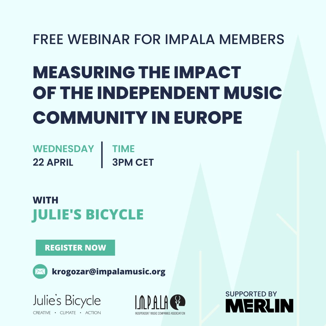 .@IMPALAMusic & @JuliesBicycle are organising a free carbon calculator webinar for IMPALA members on 22nd April at 3pm. Members have until 3rd June to complete their footprint and be in the second carbon calculator report. To attend, please contact krogozar@impalamusic.org.