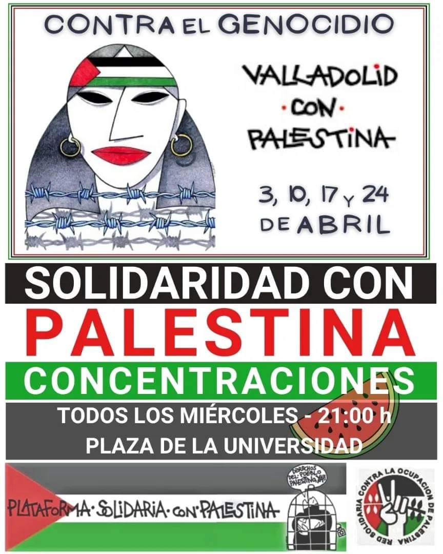 🇵🇸 CONCENTRACIÓN CONTRA EL GENOCIDIO PZA/UNIVERSIDAD #XJornadasValladolidPalestina 'Contra el Genocidio, Solidaridad' 📢 Miércoles 10 de abril.  A las 21:00h, Concentración 'Contra el genocidio' en la Plaza de la Universidad. #ValladolidconPalestina #FREEPALESTINE