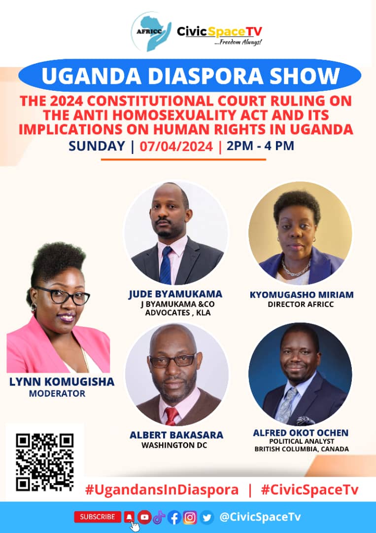 COMING UP - #CivicSpaceTV  #UgandansInDiaspora about the 2024 Constitutional Court ruling on the Anti-Homosexuality Act and its implications on Human Rights in Uganda.

Link:youtu.be/E7TzmK6c3cw

📌 at 2:00PM:  @LynnUg3 , @Jbyam1 , @kyomugasho3 , @aokotochen , @AlbertBakasara