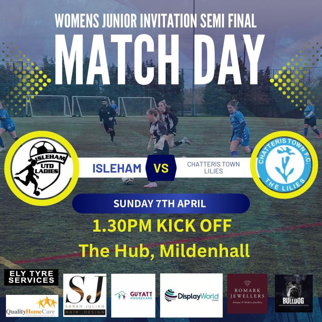 Good luck to <a href="/IslehamLFC/">Isleham United LFC</a> this afternoon as the play <a href="/ChatterisTownFC/">Chatteris Town FC</a> Ladies in the Junior Invitational Cup semi-final. 

Kick off is 1.30pm at Mildenhall Hub. 

Best wishes from all of us.