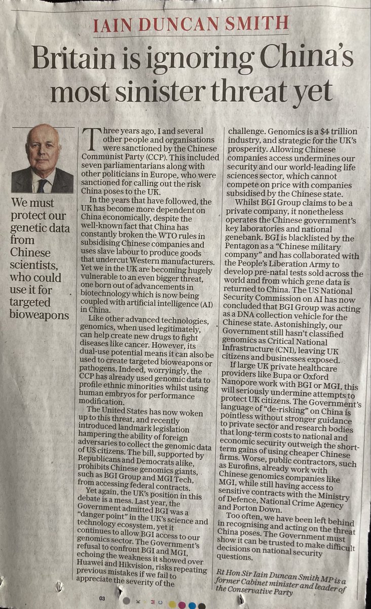 Genetic data: latest dangerous example of putting crucial national interest into the hands of hostile states - just like control of energy, telecommunications, surveillance technology, medical supplies & national infrastructure. Madness. @RishiSunak @MPIainDS is right.Telegraph: