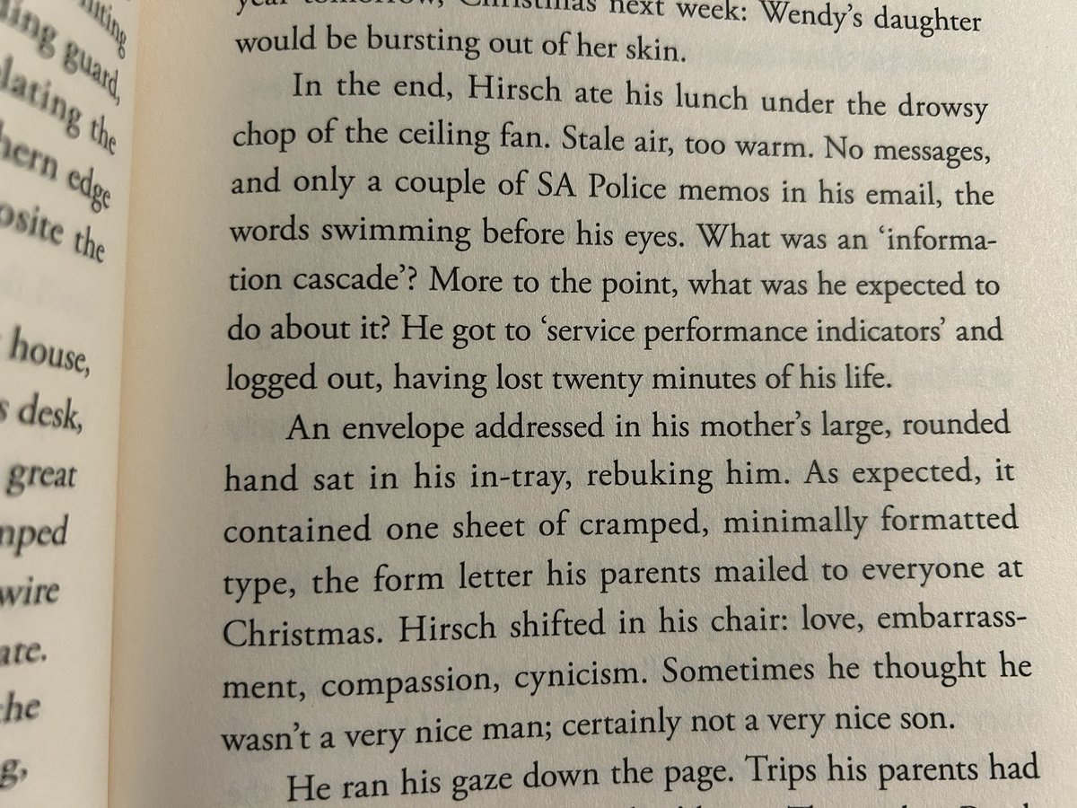 Reading Garry Disher & just loving his style. Would simply never occur to me to put a sentence together the way some of these are constructed. In context, the sentence ‘Hirsch shifted in his chair: love, embarrassment, compassion, cynicism’ is just so spare & resonant & perfect👌