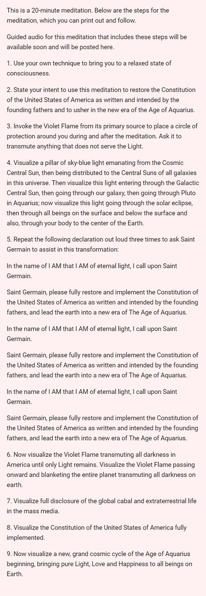 ✨#Meditation for the #UnitedStates at the peak of the total #SolarEclipse on Monday, #April8th 2024, at 6:18 PM UTC

Please join this meditation to restore the Constitution of the United States of America and to usher in the new era of the #AgeOfAquarius

welovemassmeditation.com/2024/02/medita…