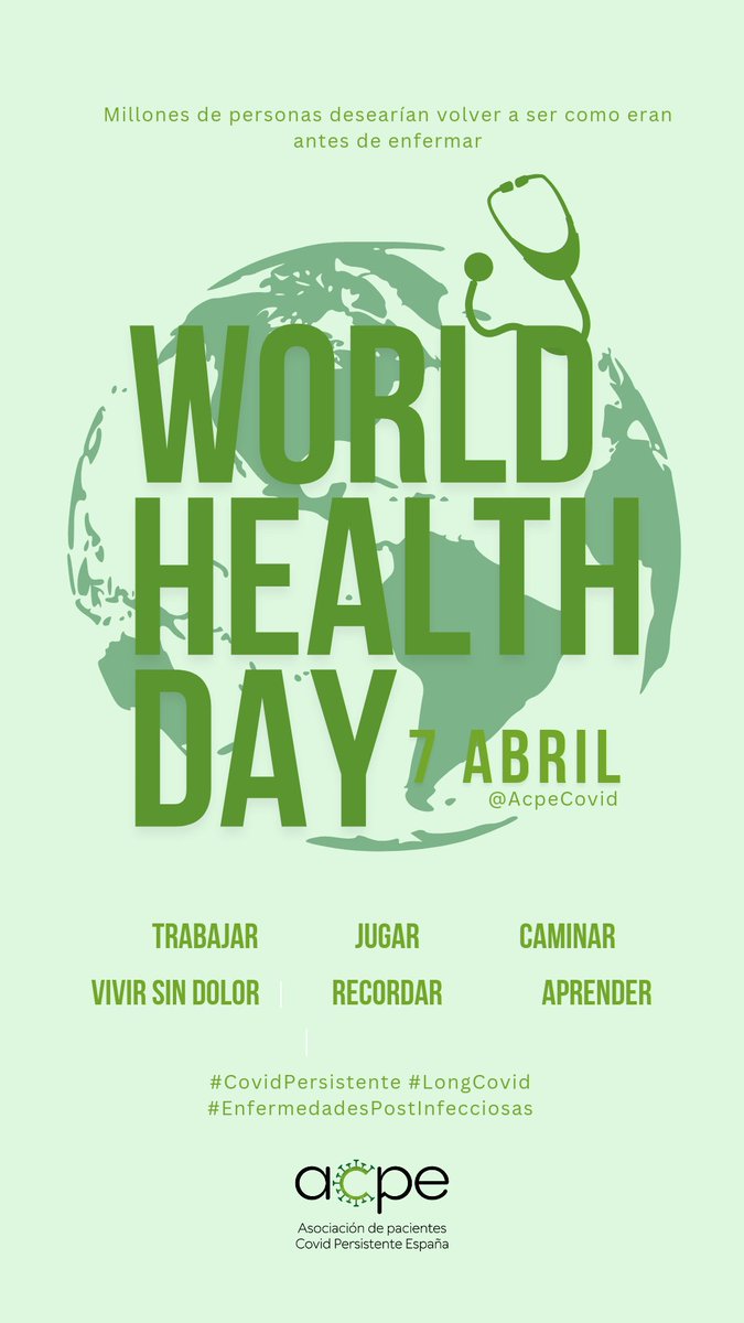 AcpeCovid's tweet photo. 🟢 Millones de personas desearían volver a ser como eran antes de enfermar

🟢 Nosotros deseamos avanzar

🟢 Necesitamos tu ayuda

#WorldHealthDay #DiaMundialdelasalud #CovidPersistente #LongCovid
#EnfermedadesPostInfecciosas
#PostInfectiousDeseases https://t.co/jML98E0MpV