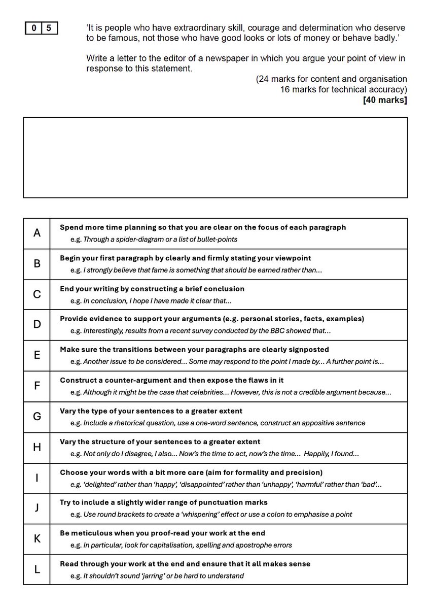 GCSE English Language Paper 2 target sheet for Q5 douglaswise.co.uk/blog/gcse-engl… I’ve included a past exam task at the top of the page, but it can easily be replaced or removed 🖊️🎯