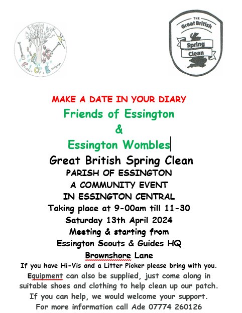 #FOE 
#Essington
 #springclean24

Get ready.. 
Less than a week to go before our  8th Annual Great British Spring Clean backed by "Essington Wombles".

Saturday 13th April

🗑️🧹 🚮