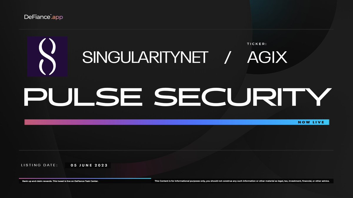 DeFiance_App's tweet image. .@SingularityNET Pulse Security is now live on DeFiance.app/Pulse/Singular…. 

#Pulse collects carefully analyzed data from protocols, our partners and Divine DeFiants to assess the strengths and weaknesses of a protocol. 

Review-to-Earn: users.DeFiance.app. 
$AGIX #DeFianceApp