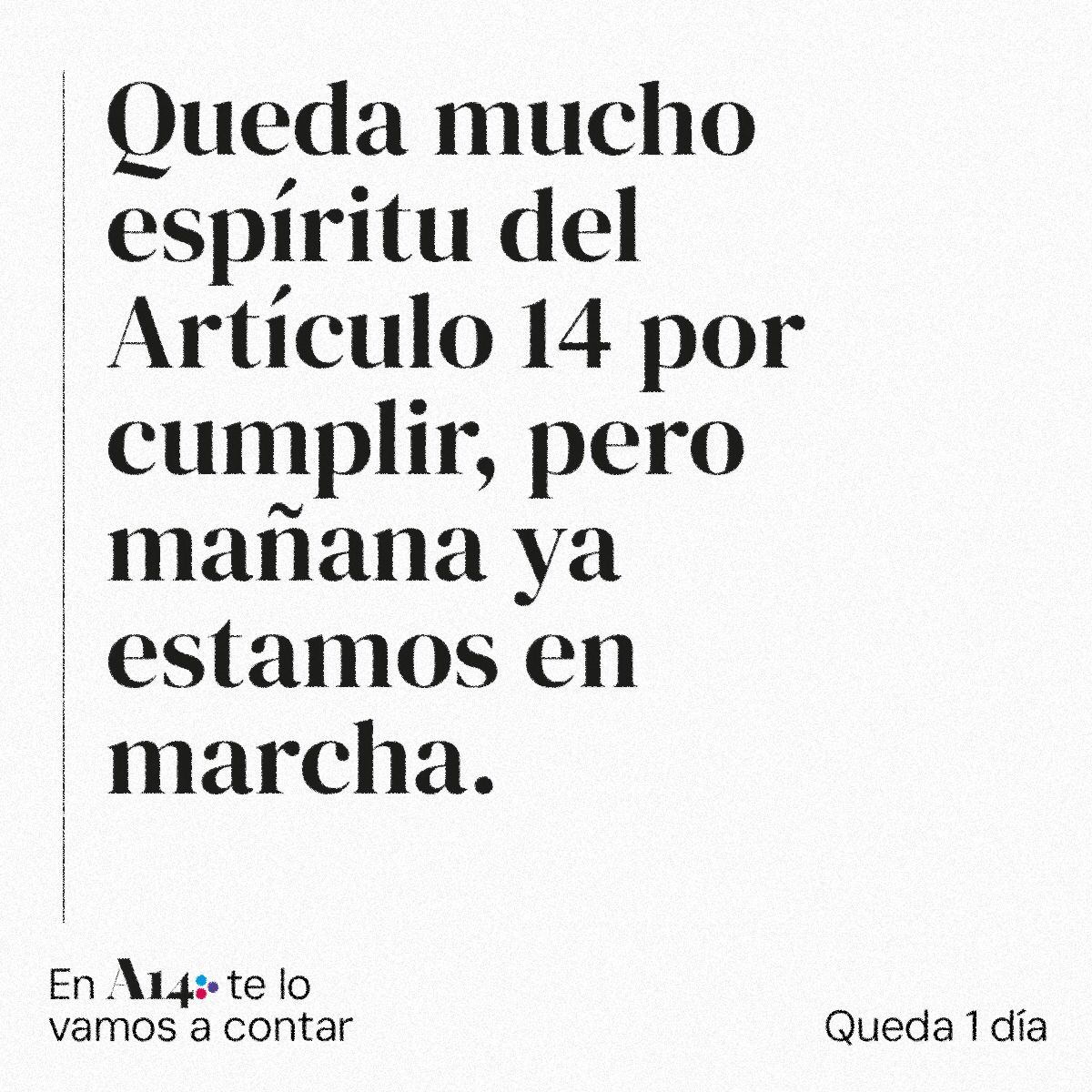 Queda mucho espíritu del Artículo 14 por cumplir, pero mañana ya estamos en marcha. A partir de las 19:30h, presentamos el periódico junto al equipo de redacción y gestión, columnistas y destacados invitados. ¡Queda un día! #PeriodismoPorLaIgualdad #CuentaAtrás @articulo14_es