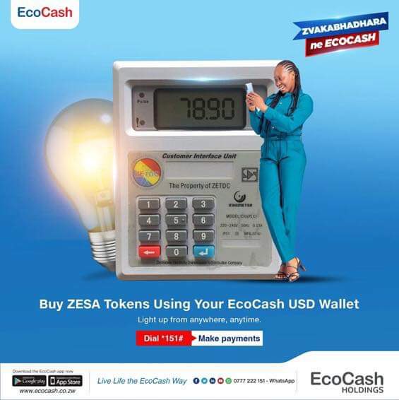 Buy ZESA tokens using EcoCash and enjoy the convenience

EcoCashUSDWallet #EcoCashUSDWallet #convenience #Zesa #payments #tokens