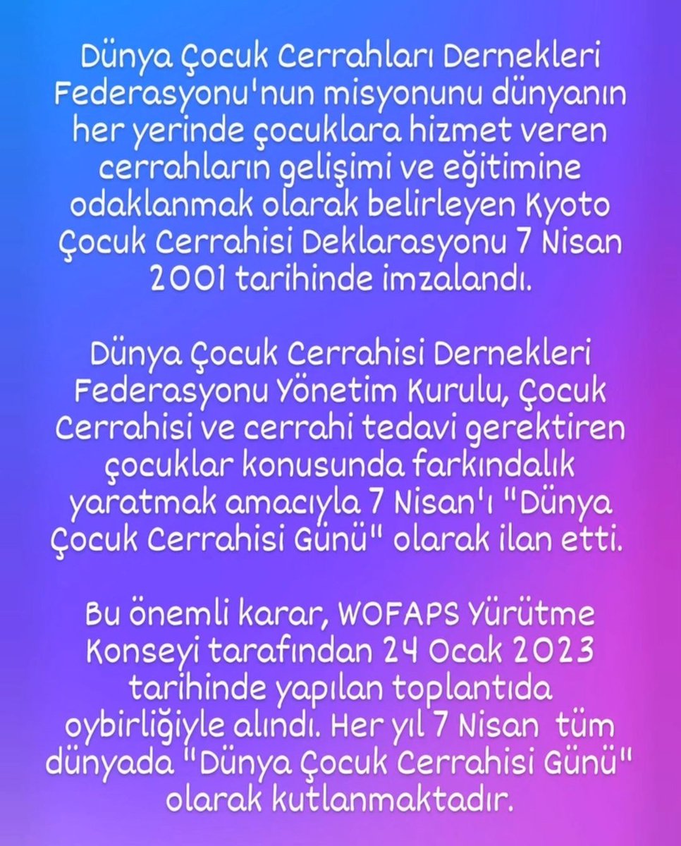 Dünya Çocuk Cerrahları Dernekleri Federasyonu'nun misyonunu dünyanın her yerinde çocuklara hizmet veren cerrahların gelişimi ve eğitimine odaklanmak olarak belirleyen Kyoto Çocuk Cerrahisi Deklarasyonu 7 Nisan 2001 tarihinde imzalandı. Dünya Çocuk Cerrahisi Dernekleri…