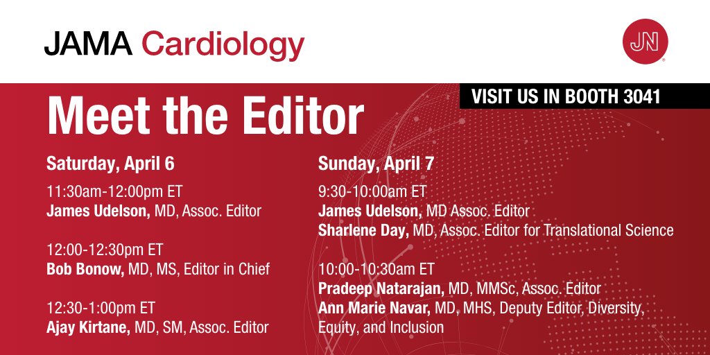 Meet @JAMACardio editor Jim Udelson at #ACC24. He will be at booth 3041 in the exhibit hall today, Sunday April 7, 9:30-10:00am to answer questions and talk with you about your research and publishing opportunities with the JAMA Network