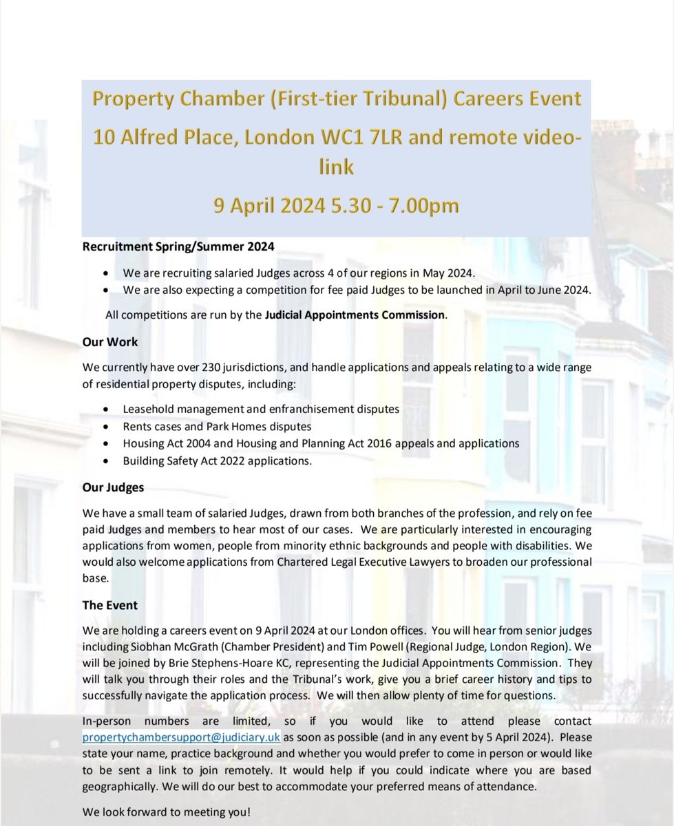 Property Chamber careers seminar Tues 9 April 5.30pm to 7pm The Property Chamber (First Tier Tribunal) is hosting an in-person and online careers seminar on Tuesday 9 April at 10 Alfred Place, London WC1 7LR @becomeajudge #RepresentationMatters #DiversityintheJudiciary #seeitbeit