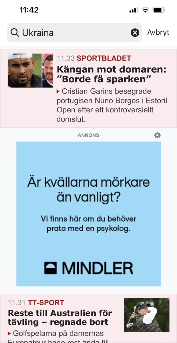 När man söker artiklar om Ukraina i en av våra större kvällstidningar…sportresultat &amp; reklam för psykolog