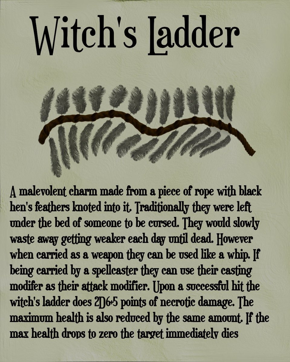 FeyEarth's tweet photo. Here is the second system agnostic magic item from my #folkmagic series. The Witch's Ladder comes from Italian folklore and were said to enable you to kill someone with a wasting disease if hidden under their beds. But I added a bit of flavour to make them a more active item https://t.co/rOeOBJDeSx