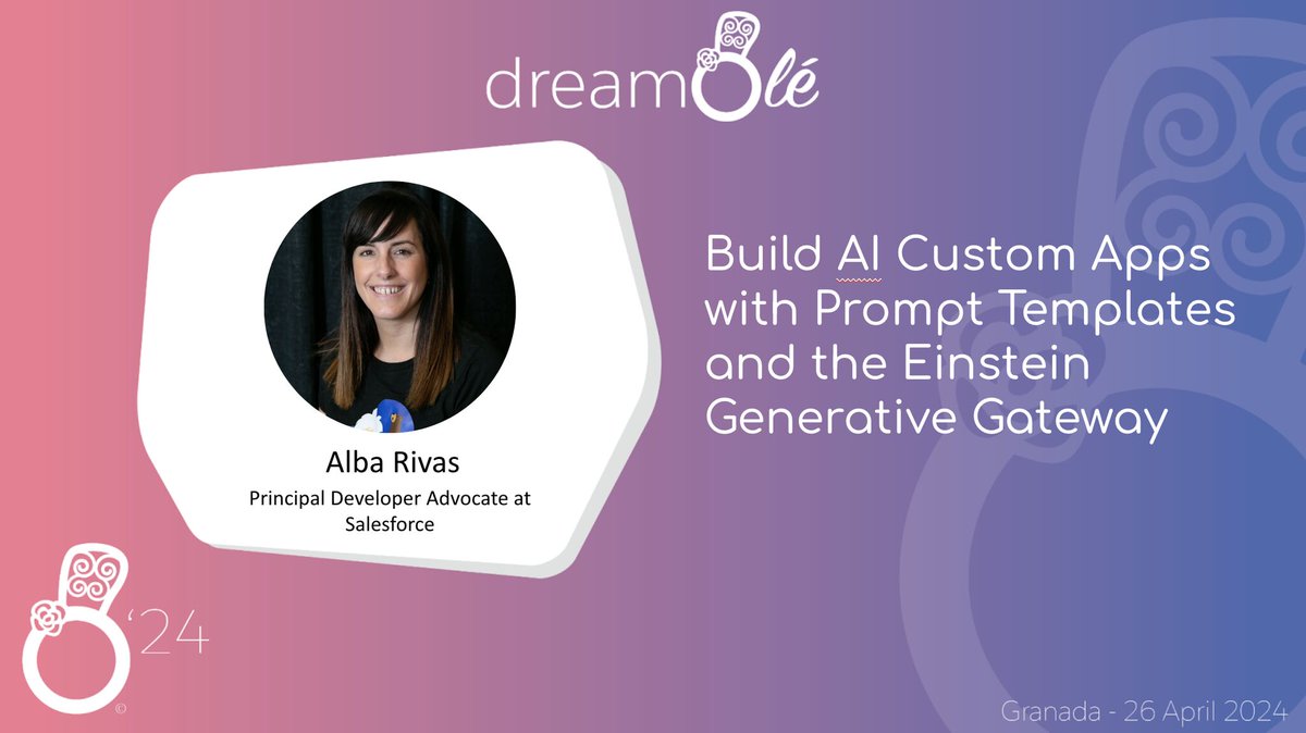 🔔 We are pleased to announce @AlbaSFDC as one of the speakers at #dreamOlé24 on 26 April. 🔔 More info: lnkd.in/d_s92RyQ #Spain #TrailblazerCommunity #SalesforceOhana #SFDev #Granada #GenerativeAI #EinsteinAI