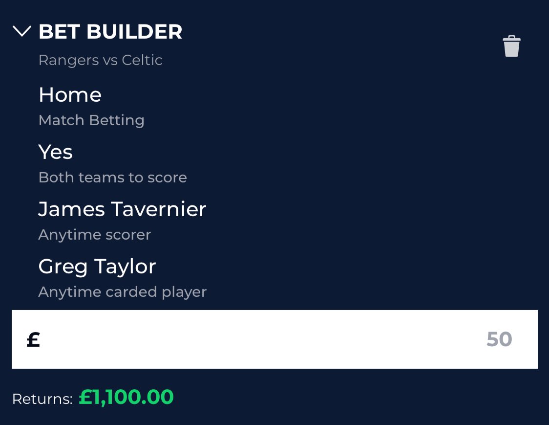 The guys <a href="/McBookie/">McBookie</a> will give one lucky punter £1100 in CASH if this #McBetBuilder comes in today. Rangers to win,btts,Tavernier anytime goalscorer &amp; Taylor booked. All you have to do to be in the hat is Retweet this bet. Good luck &amp; enjoy the game!!!