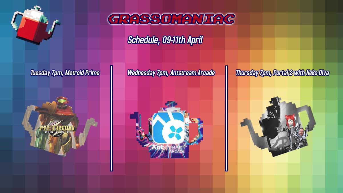 Let's get back to streaming and here is this weeks slightly altered schedule! Tuesday 7pm, Metroid Prime Wednesday 7pm, @AntstreamArcade Thursday 7pm, Special stream playing Portal 2 with @CuterwthCatEars! All times BST, see you soon!
