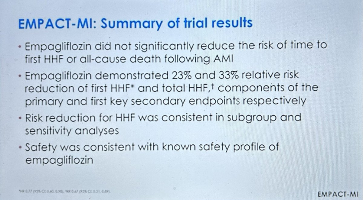 EMPACT-MI - #ACC24 Does Empagliflozin ⬇️ ⏰ till first HF hospitalisation & all cause ☠️ ? 🔑 🚫 benefit with co-primary endpoint, but BIG ⬇️ in HF 🏥 & HF adverse events with secondary analysis #MedTwitter #MedX #MedEd #FOAMed #cardiotwitter @JavedButler1 @ShelleyZieroth