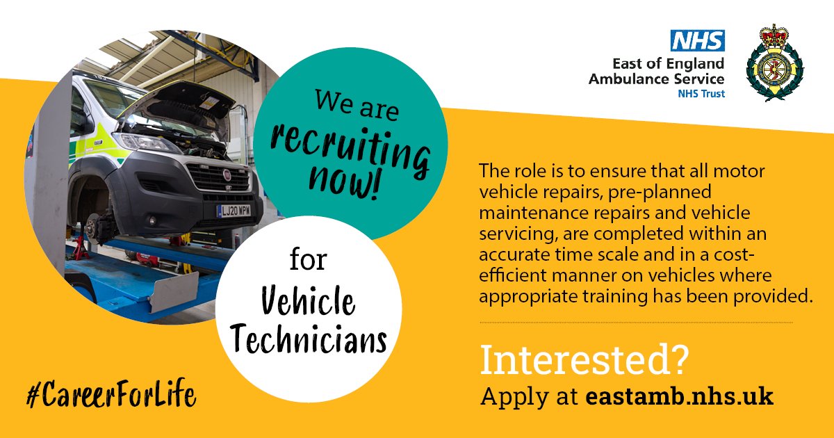 We’re looking for vehicle technicians across the east of England! 🔧 Become part of a team who ensure our emergency vehicles are safe and ready to attend our most poorly patients 🚑 Your #CareerForLife is waiting… eastamb.nhs.uk/vacancies#!/jo…