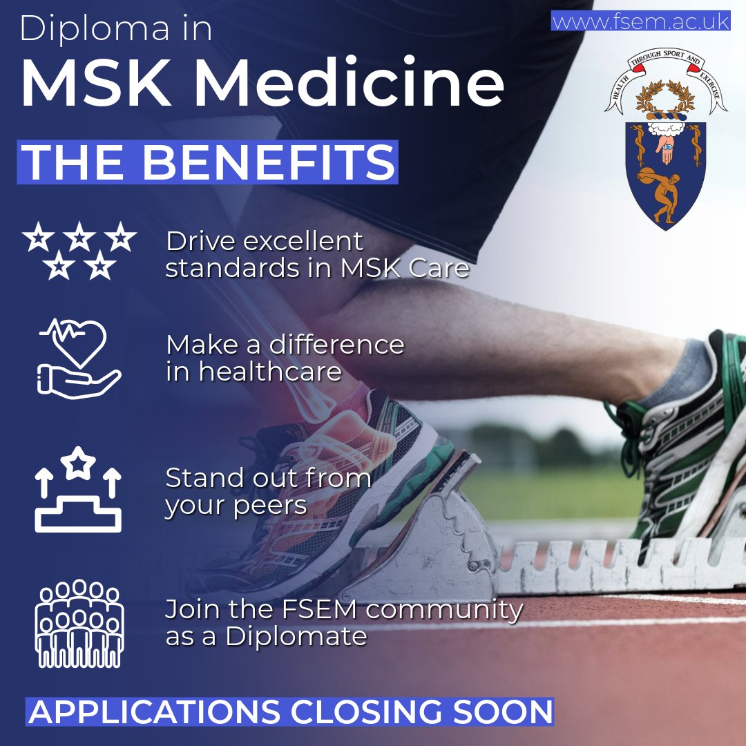 Why should you become certified with the Diploma in Musculoskeletal Medicine? Learn more about the benefits to sitting our Diploma in the below thread. Applications close early next week - head to our website to apply: fsem.ac.uk/careers-and-tr…