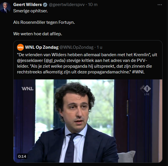 #Wilders die iemand anders een 'smerige ophitser' noemt (en uiteraard weer eens de Fortuyn-kaart trekt). Zo voorspelbaar die narcistische racisten. Het gebrek aan zelfkennis is grenzeloos bij die engerd.