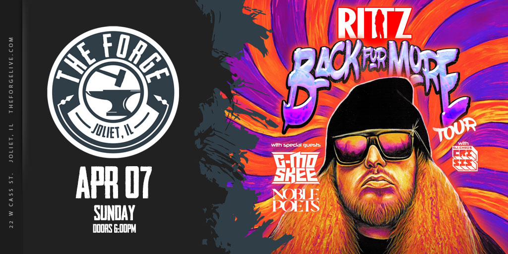 🎩We're puttin' on the RITTZ - tonight at The Forge! -Back For More Tour 2024- Rittz / G-Mo Skee / Noble Poets / Todd James / Moppy Sunday April 7th, 2024 🎟 bit.ly/3ucpnXK Doors: 6:30PM Show: 7:30PM #Rittz @therealRITTZ