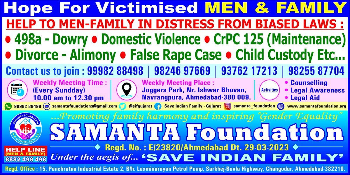 Samanta Foundation (SIF) A'bad: In person Weekly Meeting (Dt 07-04-24) for #MenInDistress & their families. 🌏Joggers Park, Nr Commerce 6 Road, Ahd ⏰10.00 am to 1 pm (Every Sunday) 👥 One to one Counselling ⚖️ Legal Awareness Session ☎️ 98255 87704 Info & MRA support @sifgujarat