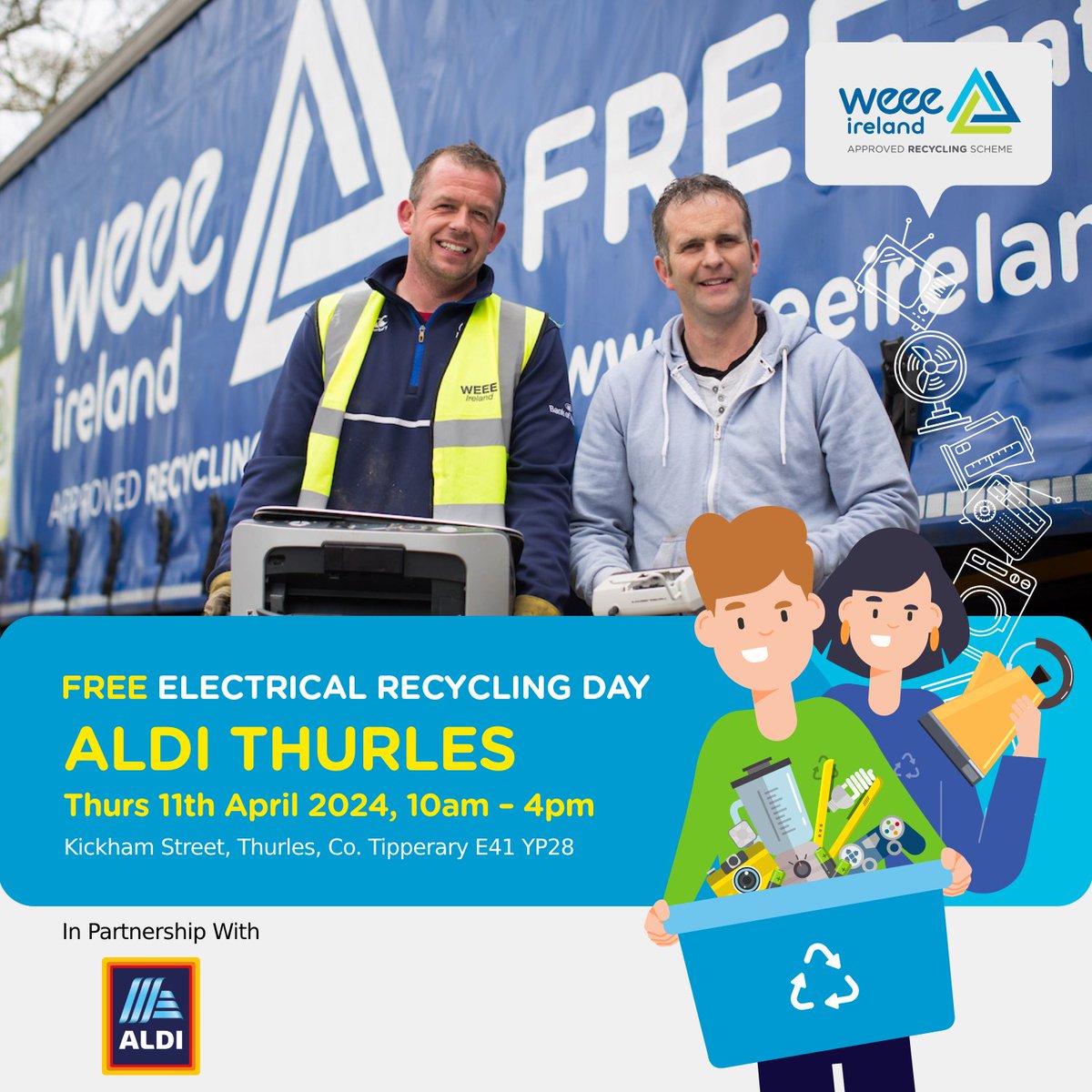 Our next FREE collection for all WEEE items is in Thurles, County Tipperary at the ALDI (Kickham Street) on Thurs, April 11 from 10am - 4pm! ♻️ Recycle your #ewaste - WEEE recycle anything from your household with a plug or battery! 😃 Collection info: weeeireland.ie/household-recy…