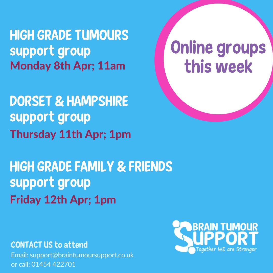 We hope you have enjoyed a little sunshine this weekend and have stayed safe in the blustery storm Kathleen! We have 3 online groups for you this week. Please call 01454 422701 or email support@braintumoursupport.co.uk #braintumoursupport #supportgroup