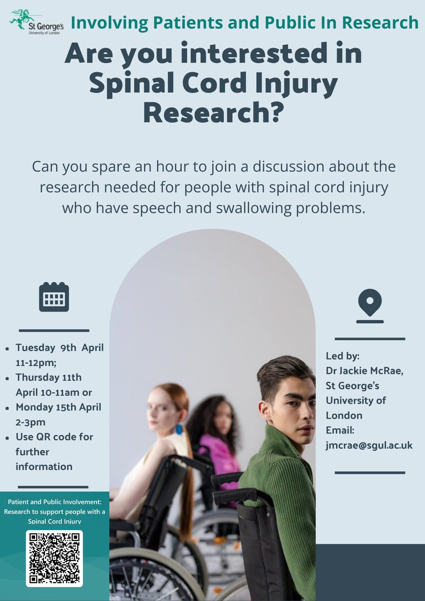 Spinal Injuries Association (@spinalinjuries) on Twitter photo We would encourage those with speech and swallowing difficulties to consider a new innovative study addressing this important issue. See poster below for details.
If you are interested, please head to: forms.office.com/Pages/Response…
For queries, contact jmcrae@sgul.ac.uk We would encourage those with speech and swallowing difficulties to consider a new innovative study addressing this important issue. See poster below for details.
If you are interested, please head to: forms.office.com/Pages/Response…
For queries, contact jmcrae@sgul.ac.uk
