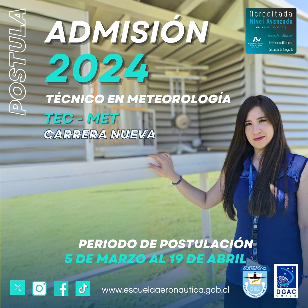 Esc_Aeronautica's tweet photo. Recuerda que hasta el 19 de abril está abierto el proceso de admisión de la carrera TNS en Meteorología(TEC-MET)  Postula con tu Clave Única en nuestra web.
#PostulaciónETA #TECMET #METEO #EscuelaTecnicaAeronautica @‌dgacchile @museo_aeronáutico https://t.co/ARL6kn3Wse