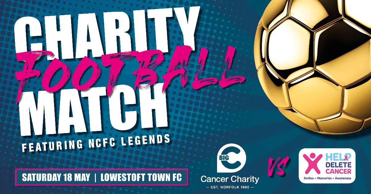 Join us for a day of football, penalty shoot-outs and family fun at our Charity Football Match on Sat 18 May at @LowestoftTownFC! We have a great line-up including ex @NorwichCityFC players 🟡🟢 Buy tickets: big-c.co.uk/our-events/cha… Thanks to @Delete_Cancer for your help! ❤️🎗️