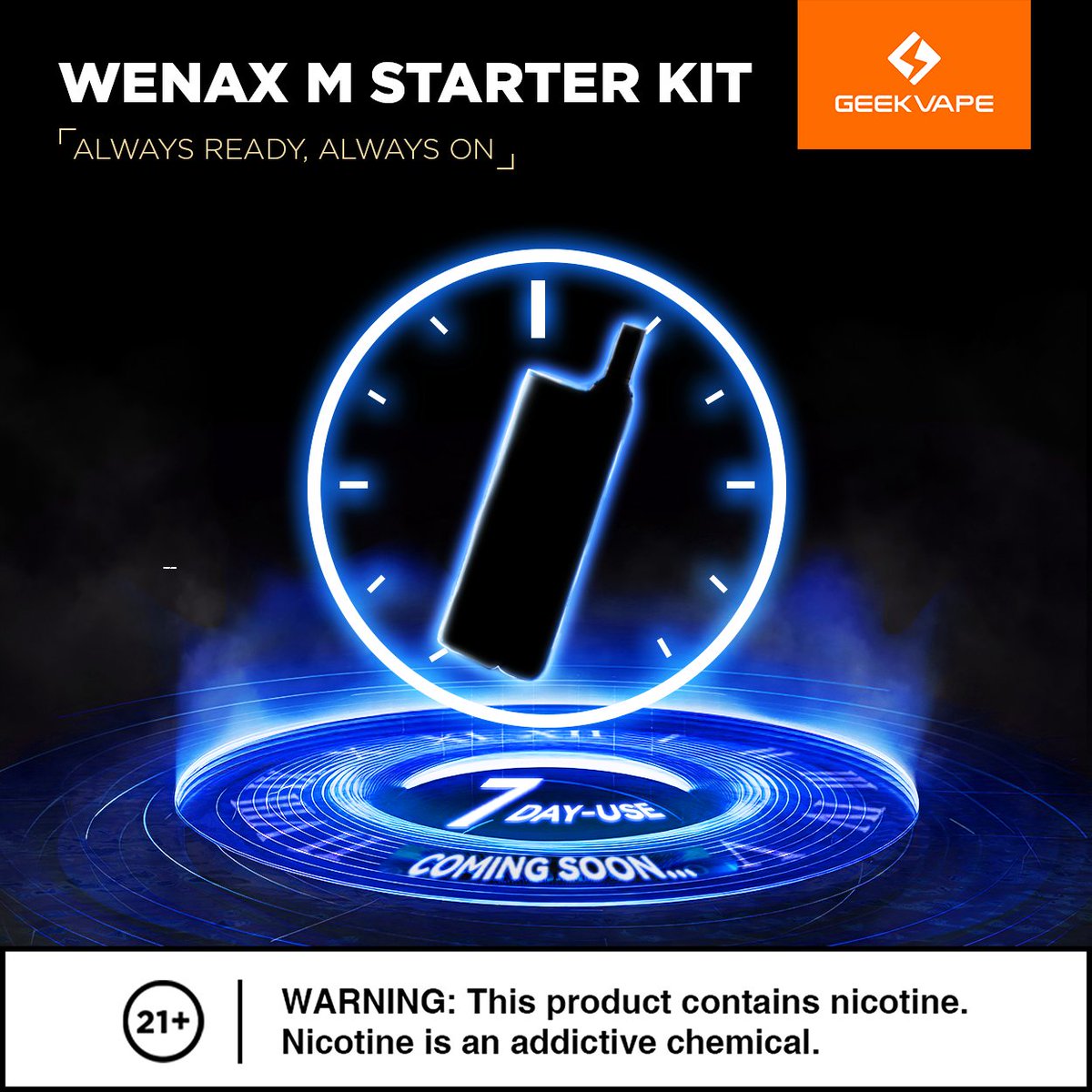 Get set to dive into vaping bliss with the upcoming WENAX M STARTER KIT! 💨 Don't miss out on its impressive 7-day battery life. Stay tuned for the launch! #AlwaysReadyAlwaysOn #WENAXMSTARTERKIT #geekvape #geekvapetech
