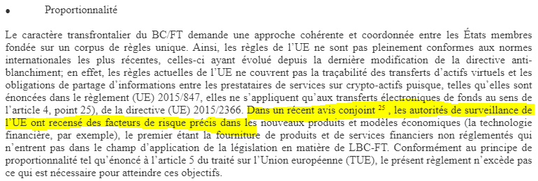 StachAlex's tweet photo. L'émission de @FaunoTaBanque avec @EstelleDeMarco m'a replongé dans les discussions sur TFR en 2022.

Et comme c'est important de ne pas oublier, je propose de vous représenter l'argumentaire de l'UE pour restreindre la liberté financière de 500 M de personnes🧵👇

Je vous remets le texte de proposition de modification de la réglementation sur le Transfert de Fonds (TFR)  ici : https://t.co/Fz0pDf9Ehm

On peut relever énormément de problèmes dans ce texte, qui correspondent à l'analyse que propose @EstelleDeMarco : 

- L'hypocrisie crasse. 
- L'analyse d'impact inexistante.
- Le non-respect du principe de proportionnalité. 

Rappelons d'abord donc le numéro de contorsionniste originel : pourquoi devoir amender TFR ?

Il convient d'amender TFR car il ne concerne que les "billets de banques et les pièces, la monnaie scripturale ou la monnaie électronique". Il ne comprend pas "les crypto-actifs" et doit donc être "complété de manière adéquate".
Les fameux "crypto-actifs" ne sont donc surtout pas de la monnaie. SURTOUT PAS ! Mais... 

Beh... la réalité, c'est que les gens s'en servent comme tel. Donc bon, on mange son chapeau, et on ajoute les "crypto-actifs" à un texte qui n'est censé concerner que la monnaie.

L'article 2 confirme d'ailleurs cette incohérence.

"Article 2 : 1.  Le présent règlement s'applique aux transferts de fonds, dans quelque monnaie que ce soit, ⇨ ou de crypto-actifs".

Hypocrisie : ✅ El famoso "Ce n'est pas une monnaie" suivi immédiatement du "c'est la monnaie des criminels, donc faut réguler".

A quelle proportion me direz-vous ? C'est le moment d'étudier le raisonnement sur la "proportionnalité".

La proportionnalité est expédiée en un paragraphe (sur 51 pages de texte). Pas de chiffres, pas de mise en perspective des risques et des bénéfices attendus. On comprend bien que le paragraphe est là parce qu'il faut qu'il soit là, mais que personne ne s'est fatigué à se poser la question. 

On y lit que ce texte est proportionné car il y a un avis des autorités de surveillance de l'UE qui ont "recensé des facteurs de risque précis".

Allons voir cet "avis" des "autorités de surveillance" : https://t.co/RLAIVFR63Z 

C'est un avis sur les moyens utilisés pour blanchir/financer le terrorisme, et pas uniquement les cryptos.

Concernant les cryptos on trouve notamment la page suivante.

On y apprend deux choses.

La première, c'est que les risques liés aux VC (virtual currencies) ont été en fait identifiés... dans un autre avis de l'EBA (European Banking Authority), qu'on ne peut évidemment soupçonner de conflit d'intérêt 🥲 

L'avis en question date de 2014 et il est extrêmement pointu (spoiler : non), mais on y revient après. En tout cas, il est déjà recommandé à l'époque de "décourager" les entreprises et les particuliers de toucher aux cryptos.

La deuxième chose qu'on apprend, c'est que les risques de financement du terrorisme et de blanchiment d'argent sont dûs, notamment, au fait que ... les CA (Autorités Compétentes) manquent de connaissance et de compréhensions sur ces VC, ce qui les EMPECHE DE CONDUIRE UNE ETUDE D'IMPACT EN BONNE ET DUE FORME.

On rappelle que le paragraphe de proportionnalité de TFR nous dit que les risques ont été PRECISEMENT identifiés ! 

Le deuxième bullet point est aussi drôle : c'est risqué parce qu'il n'y a pas de régulation.

Attendez... Normalement, on régule parce que c'est risqué, pas l'inverse ! Là c'est risqué parce que pas régulé ! Inversion de la norme et de la charge de la preuve. Le "tout régulation" n'est plus questionnable. Une énième variante du "si vous n'avez rien à cacher, vous n'avez rien à craindre". 

La réalité à ce stade, c'est qu'il y a des risques potentiels, non quantifiés, et qui sont en partie dûs au fait que les CA ne comprennent pas le sujet et n'ont pas réalisé d'étude à ce sujet.

Peut-être que l'avis de l'EBA de 2014 sauve la baraque ?
https://t.co/Hr4tRdkcjK

Eh bien non. C'est un avis qui commence par dire que Bitcoin, c'est juste une version décentralisée des Frequent Flyers Miles d'Air France, ou du gold dans World of Warcraft. Tout le monde sait d'ailleurs que le réglement TFR s'applique aux miles d'Air France ou au gold de WoW ! Non ? Ah. 

Quid des risques identifiés ? On est quand même là pour ça au départ. Eh bien toujours pas grand chose à se mettre sous la dent...

Circulez, il n'y a rien à voir. Les "VC" n'existent pas depuis assez longtemps pour qu'il y ait "des preuves quantitatives des risques existants" et ne permet pas donc d'obtenir "la qualité requise pour un classement robuste".

Le document fait bien par la suite une liste de risques. Mais il la décrédibilise avant même de la commencer : ils y sont allés au doigt mouillé.

Et accessoirement, dans ces risques, il y a à boire et à manger, et pas nécessairement du blanchiment d'argent.

Par exemple le risque de perte du mot de passe, le risque qu'un commerçant n'accepte pas la VC en moyen de paiement, ou encore qu'un fournisseur de portefeuille perde les portefeuilles de ses clients (hein?).

Cela rappellera des choses à @alexis_roussel : la justification de la réglementation Suisse était passée par le même procédé. Dans le National Risk Assessment suisse, il y était marqué en synthèse qu'aucun cas de blanchiment ou de financement du terrorisme utilisant les cryptos n'avait pu être recensé. Aucun. Pas un seul. Mais la suite du texte recommandait de qualifier le secteur tout entier de "high risk".

Voilà mesdames et messieurs ! C'est tout pour ce dimanche ! Comme vous avez pu le constater, les facteurs de risques étant PRECISEMENT identifiés, il est normal que les autorités européennes collectent les informations de tous les citoyens, d'autant plus ceux qui gèrent un portefeuille personnel. En même temps, c'est louche de vouloir être indépendant financièrement ! 

J'espère que vous êtes heureux de voir que les libertés fondamentales en Europe ne sont pas hypothéquées sur la base d'avis non-étayées, émanant d'organisations en conflit d'intérêts. Ce serait quand même super dommage.

@EstelleDeMarco à l'aide ! 🥲