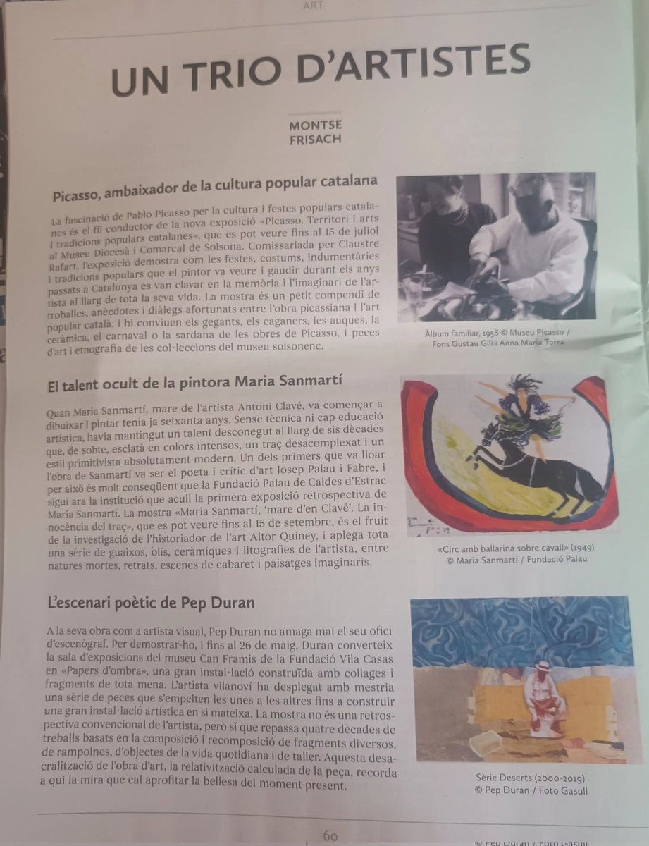 Avui a la revista de @nuvol_com que s'encarta amb el @diariARA, parlo de les expos sobre Picasso al @museusolsona, de la de Maria Sanmartí a la @FundacioPalau, i de la de Pep Duran a Can Framis de la Fundació @vilacasas.