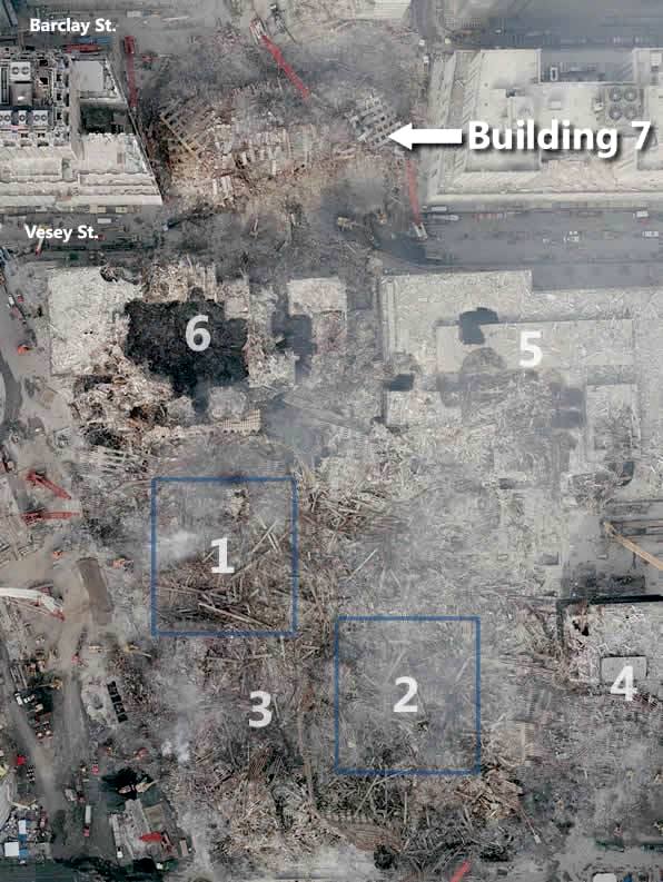 9. Esta es una foto cenital de la zona después de los atentados del 11  de septiembre: los dos aviones que impactaron contra las Torres Gemelas  consiguieron destruir completamente los 7 edificios que formaban parte  del WTC, ni uno más ni uno menos.