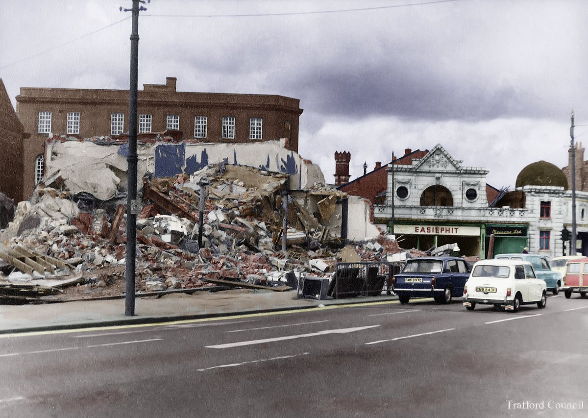 GroomB's tweet photo. Demolition of the corner of King Street and Chester Road to make way for the new Arndale shopping centre in Stretford, 1969 (photo: Trafford Council). https://t.co/VujcfLtwYh