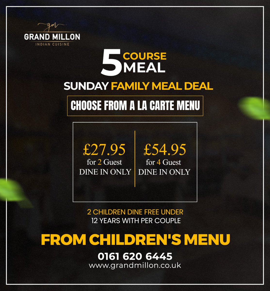 Sunday 5 Course Family Meal Deal!!

We're open from 4.00 PM–10:30 PM 🙌

We appreciate every booking and can't wait to see everyone at our restaurant!! 💖         

#GrandMillon #FeatherstallRoad #IndianCuisine #BangladeshiCuisine #Taste #FineDine #EatOut #Curry