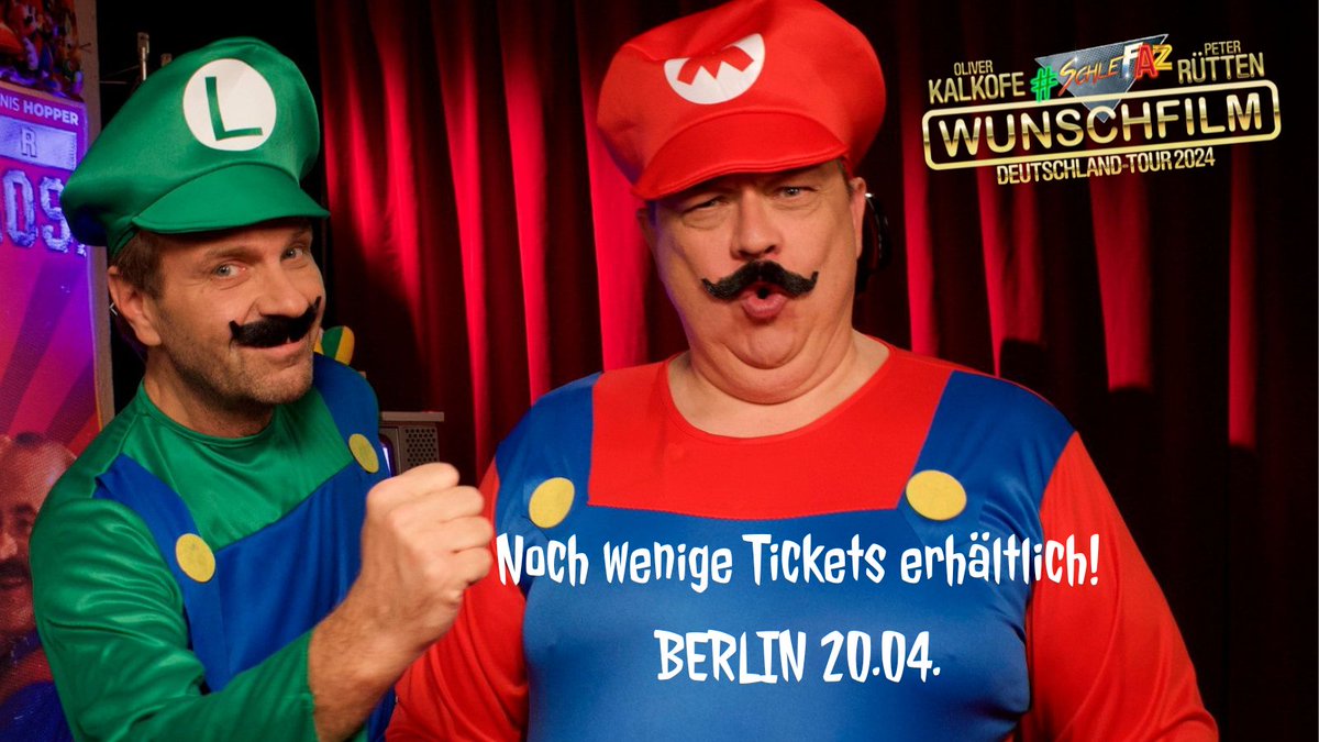 Grüße von Mario Kalkofe und Luigi Rütten! Aus produktionstechnischen Gründen gibt es für die ausverkaufte Show in #BERLIN am 20.04. noch ein Restkontingent an #Tickets! 😍 #SchleFaZ Jetzt buchen 👉 buff.ly/46E3Hkl @NITRO @d2mberlin #SchleFaZbeiNitro