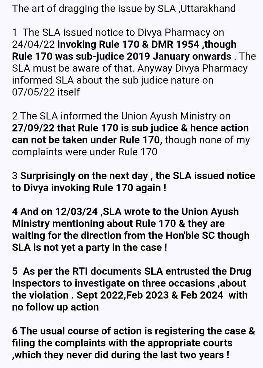The art of stalling action by SLA ably supported by the inaction by the @moayush is exposed by the sequence of RTI request with both the UK & Union Ayush The file notings of the Union Ayush dated Nov 1,22 exposed the subjudice card of Rule 170,though complaints are under DMR !