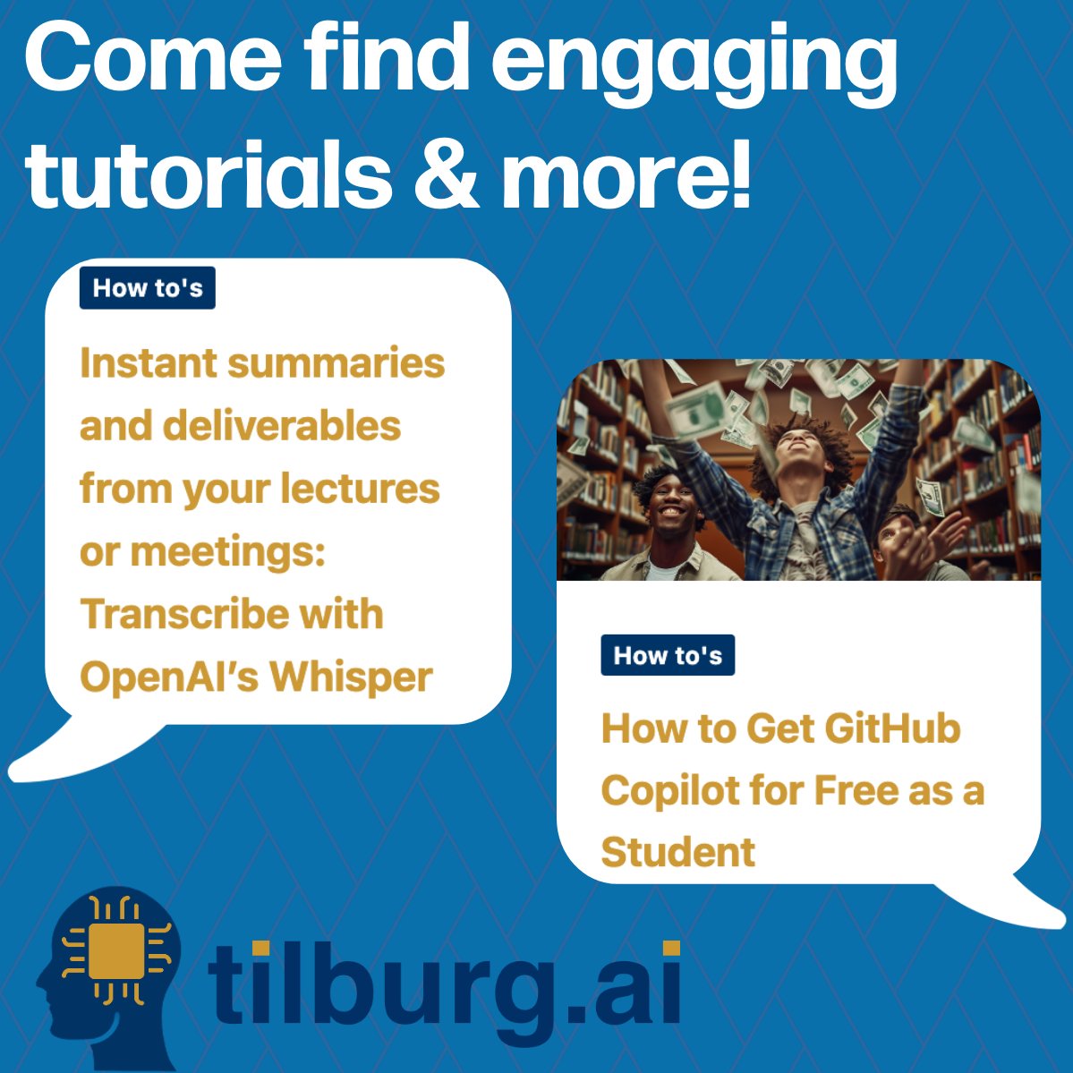 🚀 Welcome to Tilburg.ai, an initiative launched at Tilburg University to responsibly integrate AI into educational practices. 
💡 Explore our website for helpful tutorials, use cases, and discussions on AI tailored for higher education. 
tilburg.ai