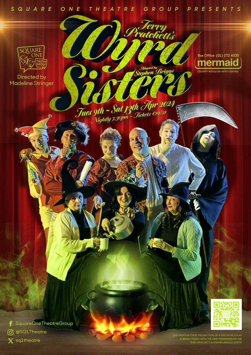 SQ1Theatre's tweet image. Final days until we open-Don&apos;t miss your chance. Terry Pratchett&apos;s Wyrd Sisters brought to life on stage by @SQ1Theatre 

PG 13+ mild threat content
but is a show that the whole family will love 🥰 

April 9-13 at 7:30pm @mermaidarts 

Tickets 📞 01 272 4030 
Or📱💻 via bio link