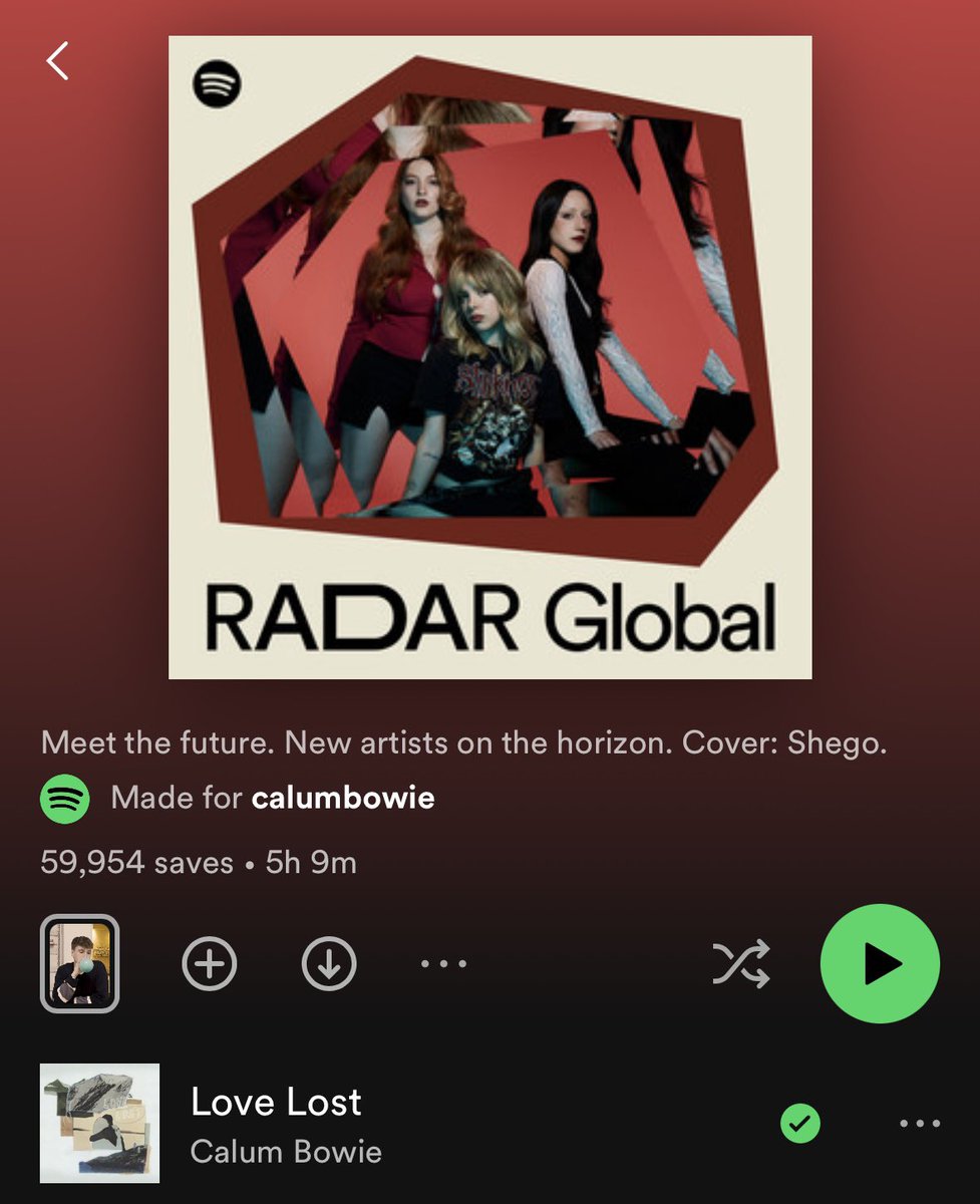 Super sick to have ‘Love Lost’ added to Radar Global on Spotify ❤️‍🔥 Listen here: open.spotify.com/playlist/37i9d…