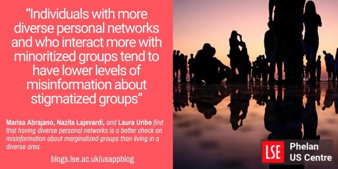 'Personal connections are the key to reducing misinformation' 📚 In this @LSEUSABlog piece, Marisa Abrajano, @NazitaLajevardi, and @laurapuribe write on how more diverse personal networks are a better check on misinformation about marginalized groups: buff.ly/43Kg26A
